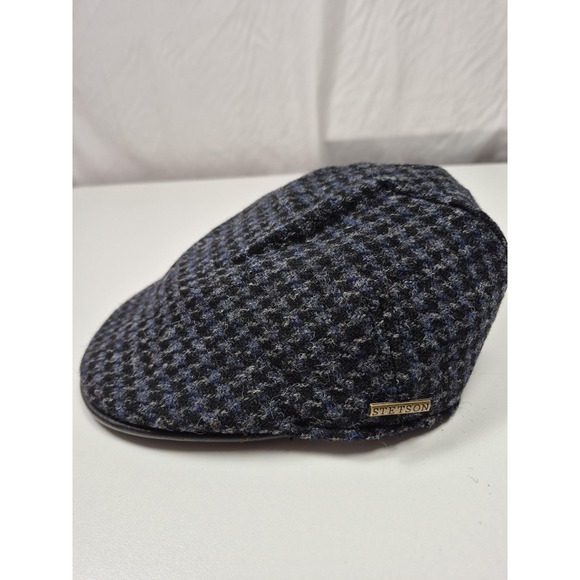 Stetson Hat Flat Cap Fitted Mens M Blue Harris Tweed Wool Check Made USA